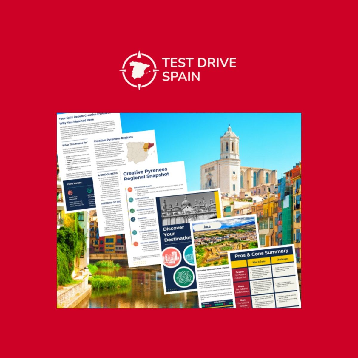 Test Drive Spain logo over a fan of regional guides